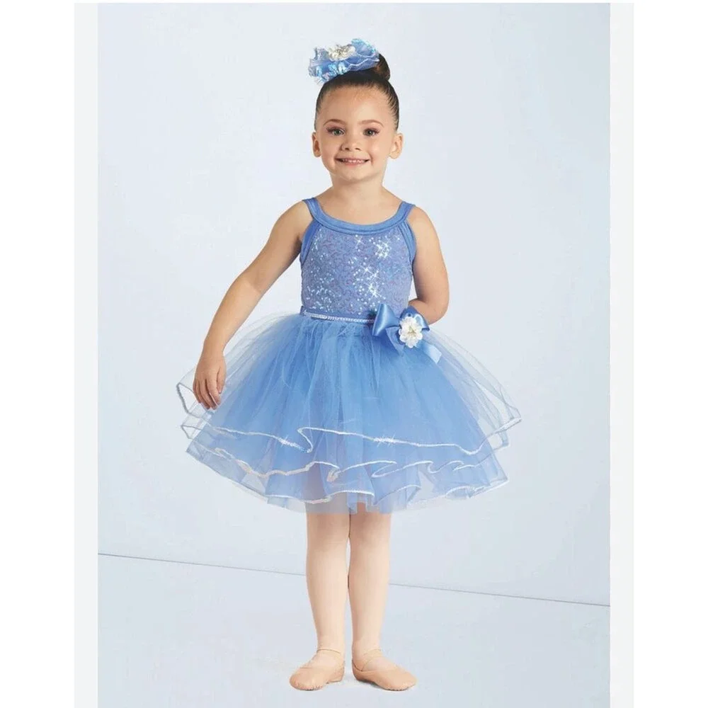 Weissman Dance Costume Kids XSC Blue Sequin Tutu Recital Dress with Hair Piece